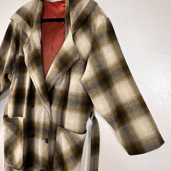 Vintage EATON Rontex International  Plaid Wool Blend Wrap Coat Hood  Belt  Size - Picture 6 of 16